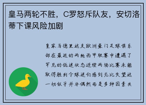 皇马两轮不胜，C罗怒斥队友，安切洛蒂下课风险加剧