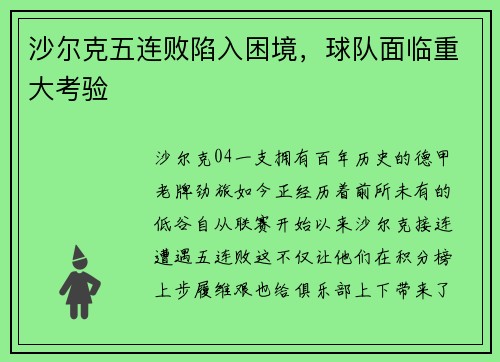 沙尔克五连败陷入困境，球队面临重大考验