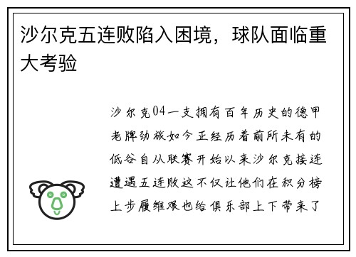 沙尔克五连败陷入困境，球队面临重大考验
